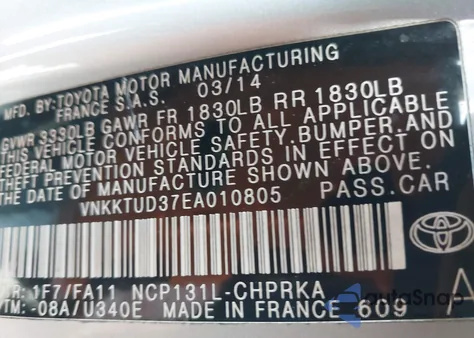 2014 Toyota Yaris L (Tmmf Plant) из США, поврежденный, VIN VNKKTUD37EA010805